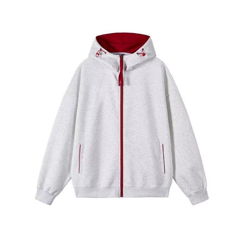 Trendy American Embroidered Patchwork Color Block Loose Hooded Cardigan Hoodie 2XL серый