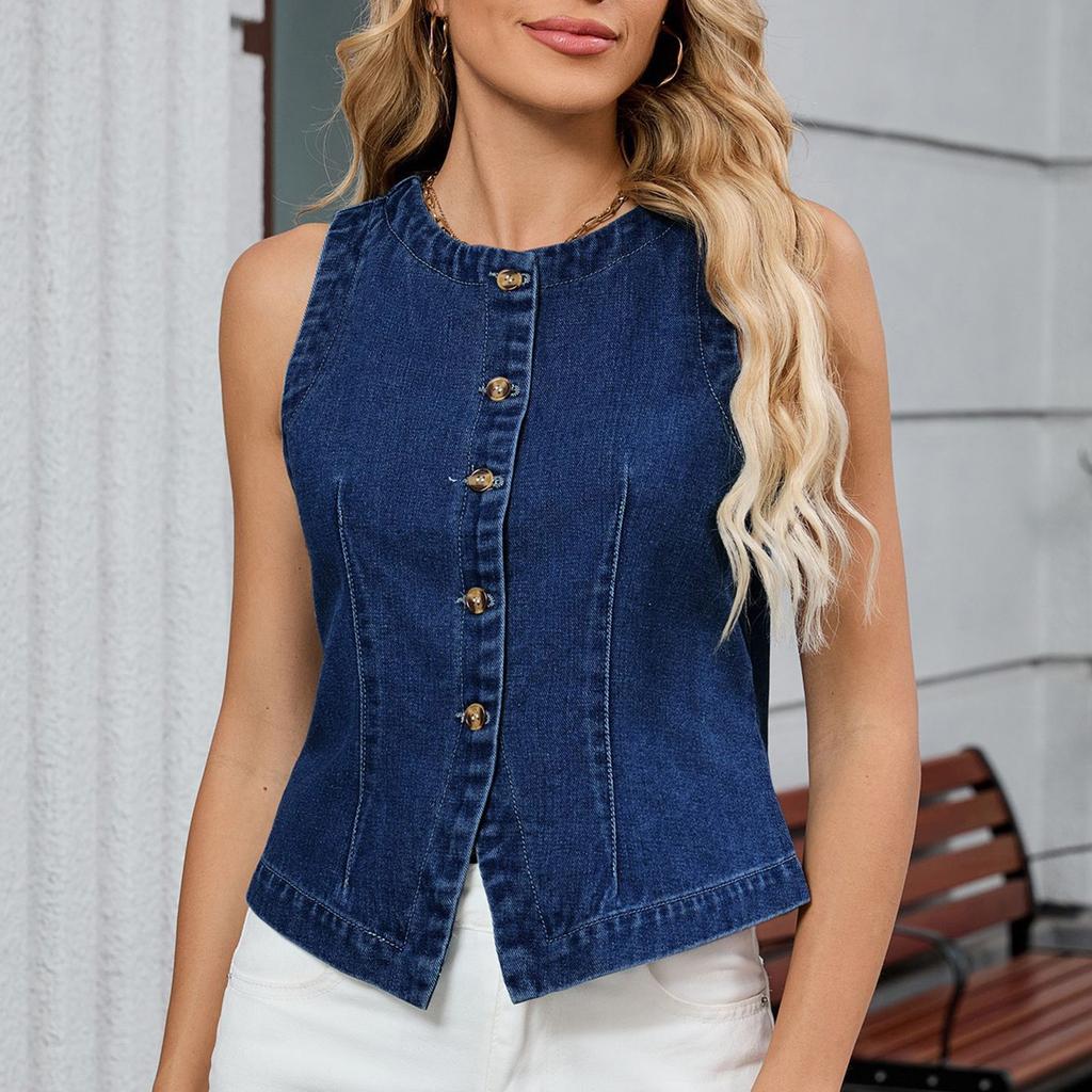 Women's Fashionable Solid Color Sleeveless Washed Denim Vest Top