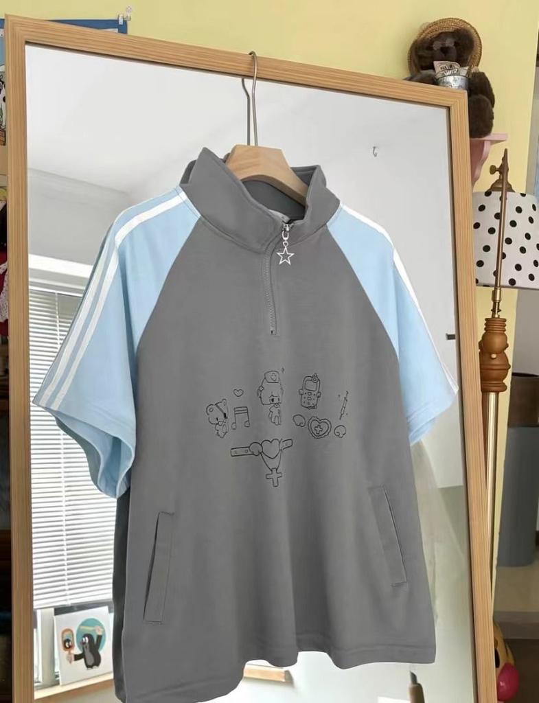 Preppy Styl 2dílné Sety Dámské Oblečení Krátký Rukáv Stojáček Patchwork Trička Ležérní Módní Šortky Oblek Korejský Letní Set