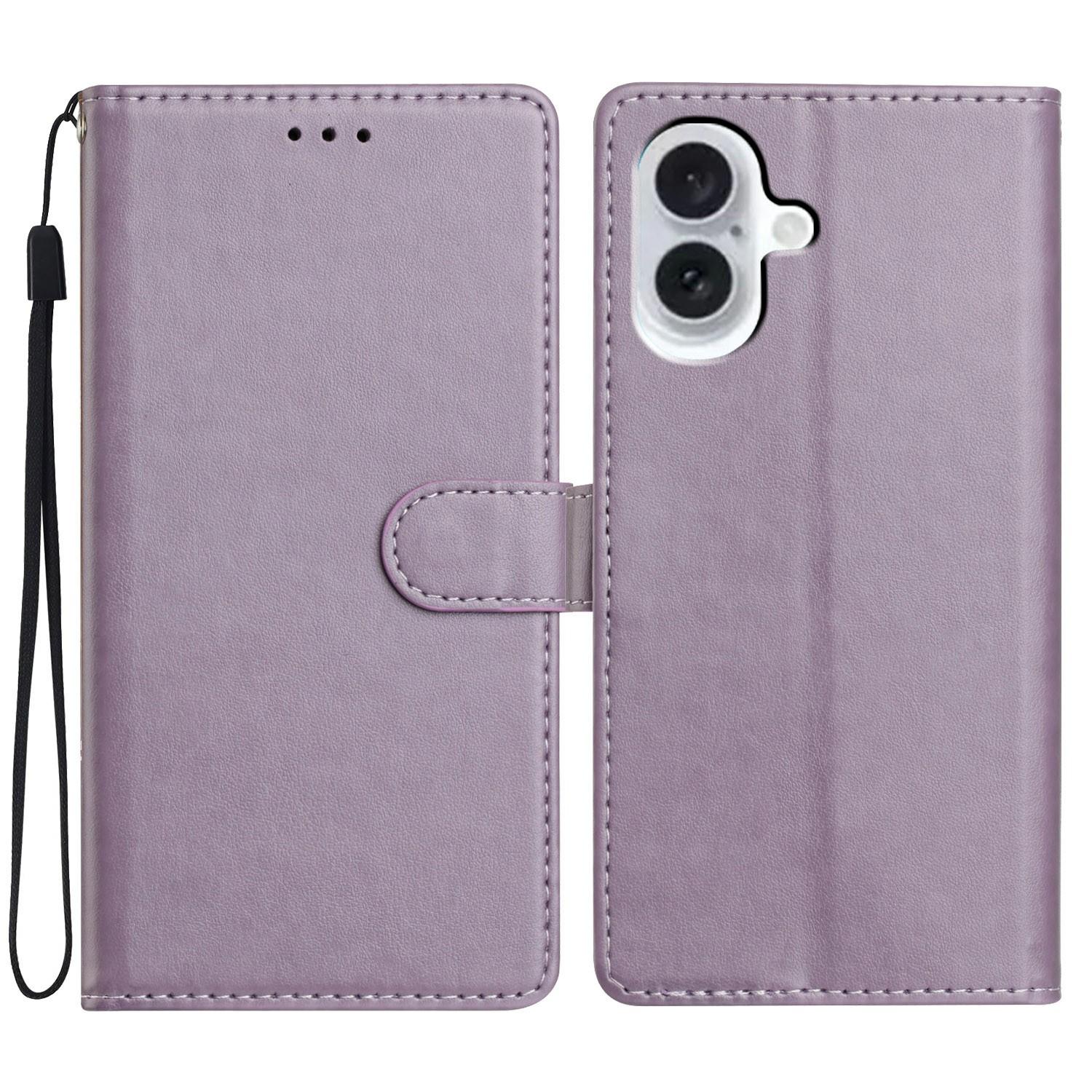 

For iPhone 16 Leather Phone Case Wallet Stand Cover with Handy Strap Purple