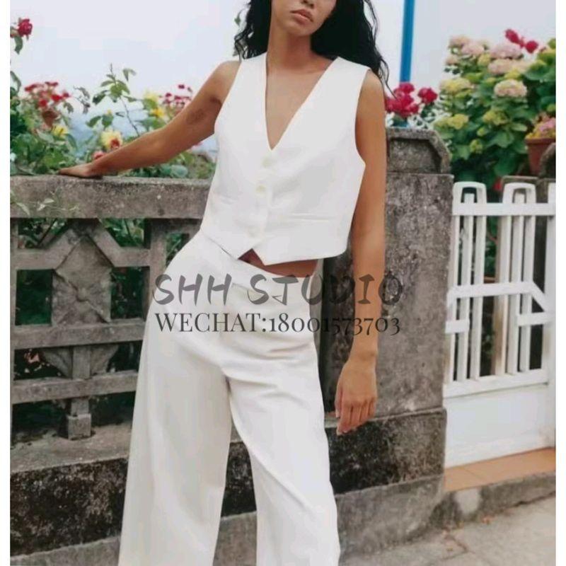 Spring New Fashion Commuter Sleeveless V Neck Short Vest 2966888 High Waist Loose Pants 2955888