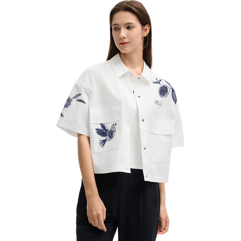Fila SS25 Heritage Letter Woven Loose Fit Drop Shoulder Short Sleeve Shirt Women Shirts Cloud-Mushroom-White F11W528708F-WT