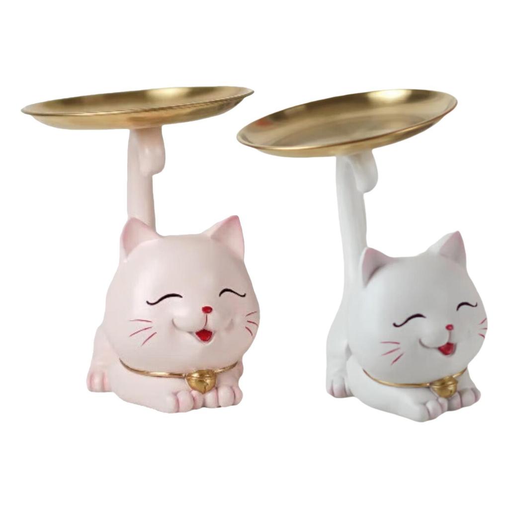 Cartoon Cat Statue with Tray Art Crafts Fine Workmanship Collecting Table Ornament for Bedroom Shelf Entrance Living Room Porch