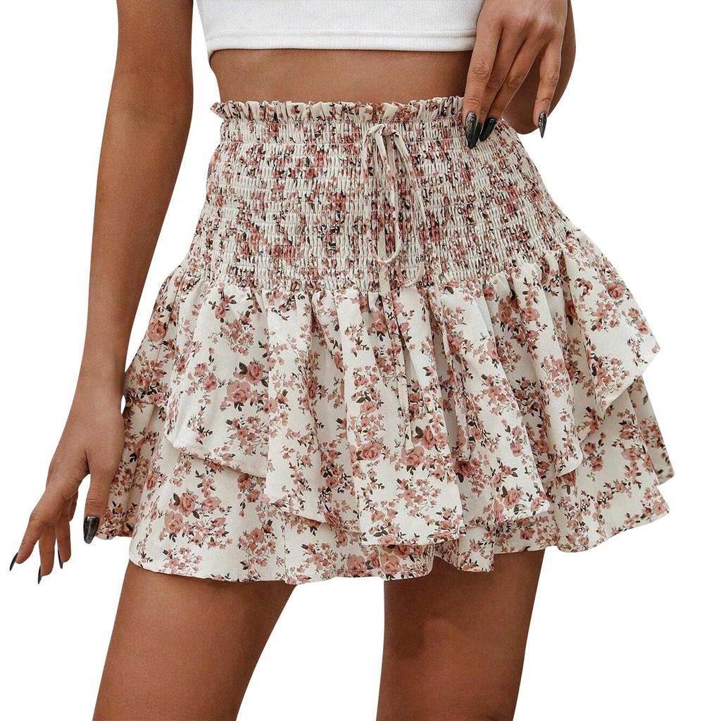 Modischer Blumenrock für Damen, Faltenrock, Rüschen, bedruckt, kurzer Rock