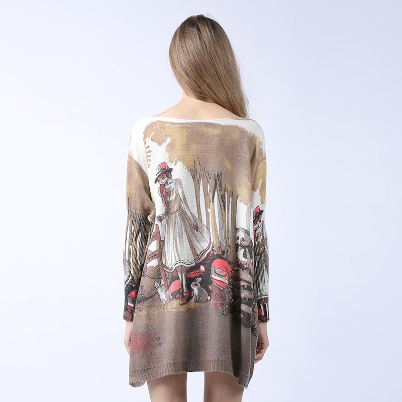 Printed Slash Neck Medium Long Knitwear European Style Loose Oversized Sweater Women's Long Sleeved Knitted Pullover New Fashion Autumn