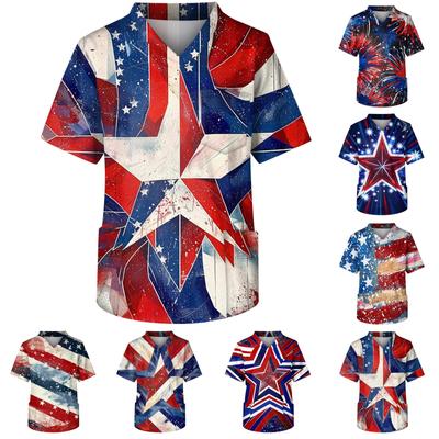 Ropa de trabajo de moda para hombre, con cuello en V, manga corta y bolsillos, camisetas y ropa de trabajo con estampado del Día de la Independencia.