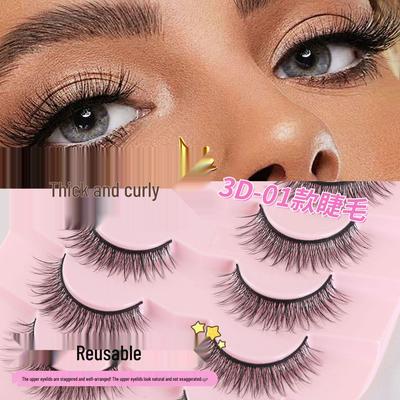 3D-01 Natural Thick Faux Eyelashes with Mixed Full Strip, Hard Stem, and Handmade Curled Design for a European-American Look.