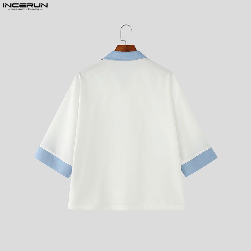 INCERUN Camicie Casual Estive da Uomo con Collo a Rever, Manica Corta, Cuciture, Bottoni, Top