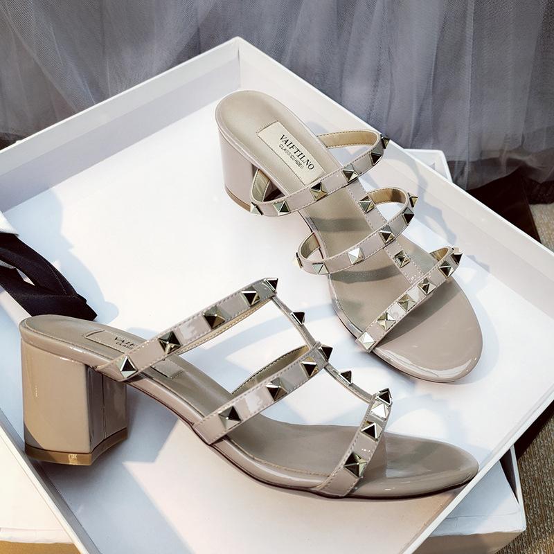 Women's Sandals Summer Woman Heeled Slipper Sandals Leather Brand Rivets High Heels Gladiator Ladies Shoes