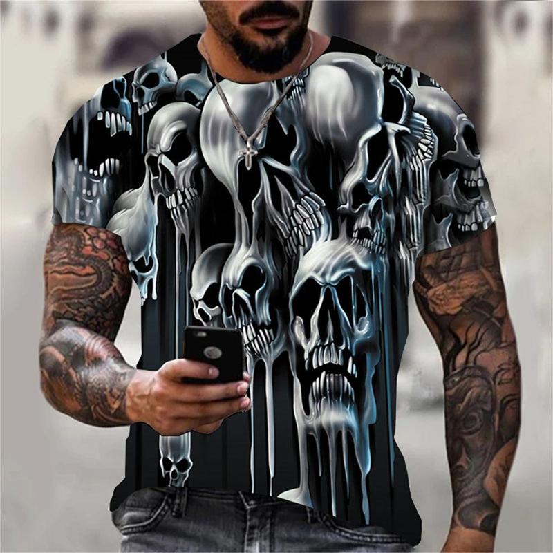 Summer Round Neck 3D Horror Skull Graphics Print Top Fashionable Casual Short Sleeved Men's T-shirts