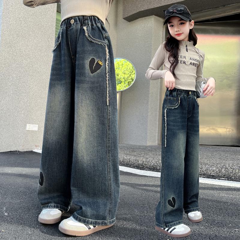 

Девочки Весна 2025 Джинсы широкие: Модные брюки прямого кроя для детей 170 cm