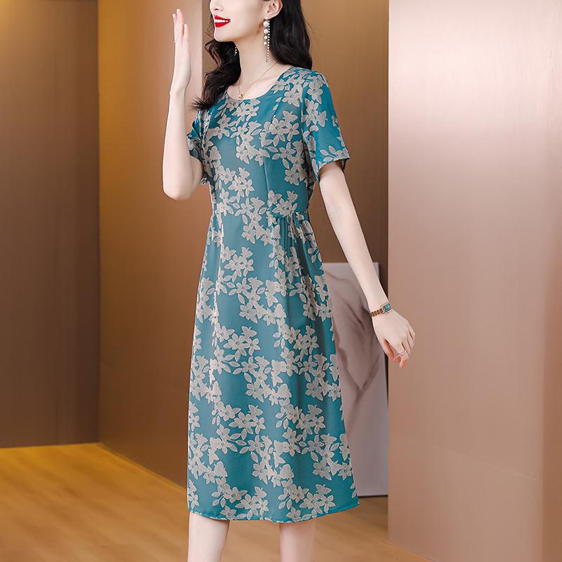 2023 sommer Neue Stil Frauen Dünne Druck A-line Kleid Seide Satin Kurzarm Medium Länge Kleid