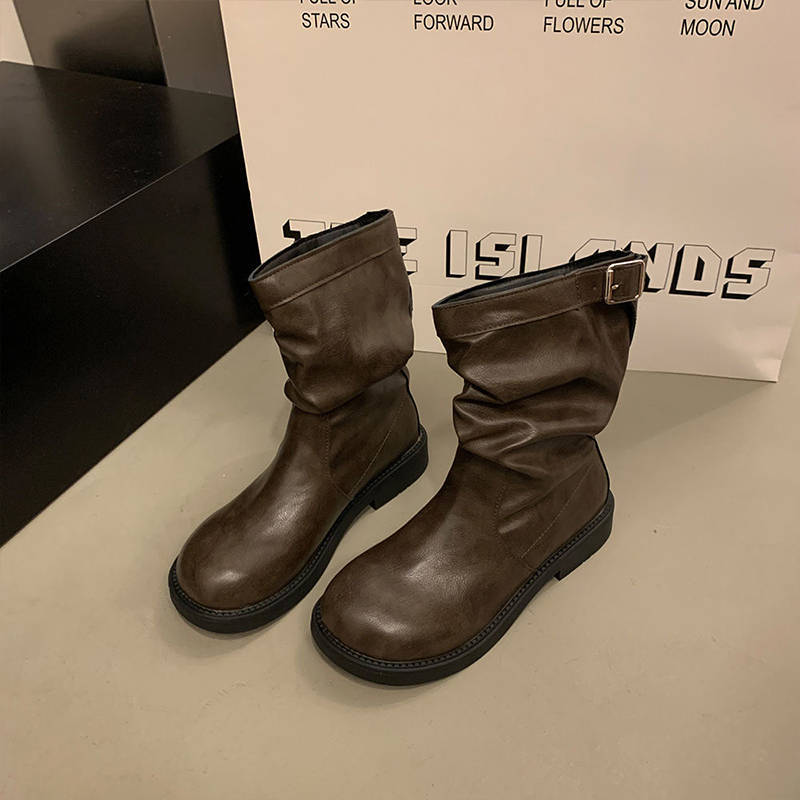 

Популярные в этом году ботинки Мартин на толстом каблуке, ретро, плиссированные, с круглым носком, средней высоты, коричневые, британские короткие ботинки для женщин 40