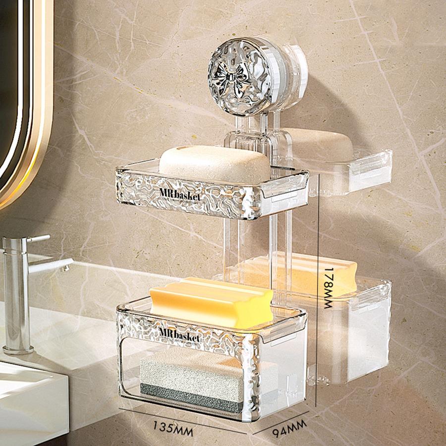 1 Suction Cup Soap Box Non Perforated Wall Mounted Bathroom Shelf Double-layer Drainage Soap Box