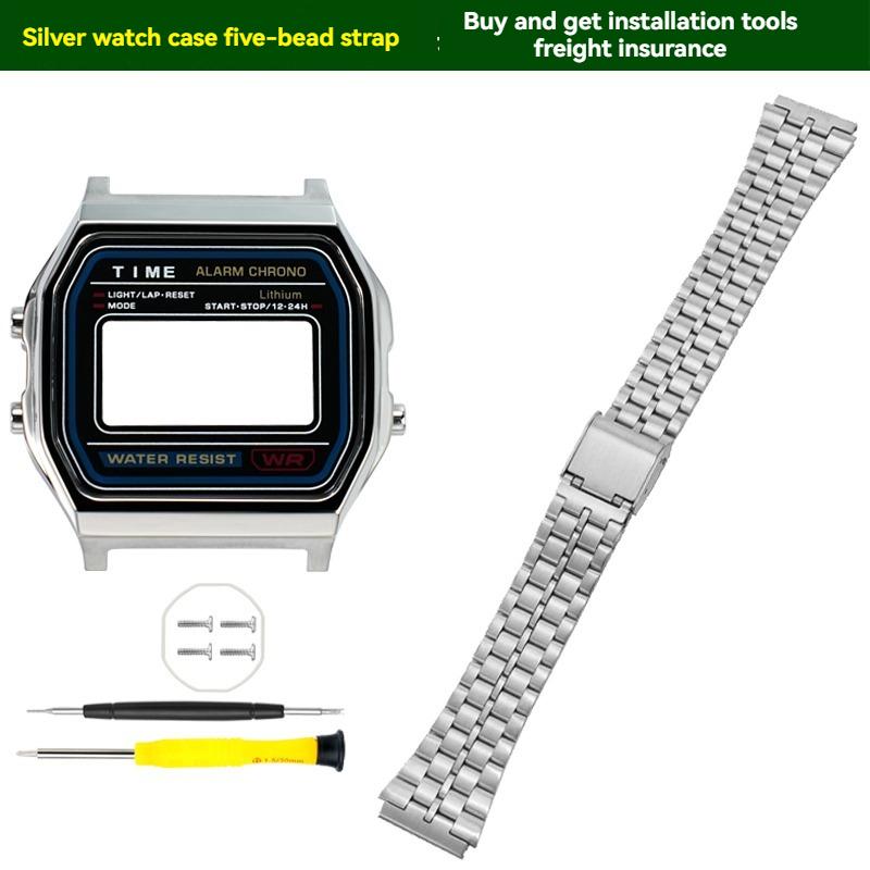 ONEMetal Modifikační sada pouzdra hodinek pro Casio A158 A159 A168 AW158 A158WA A159W-N1 Pouzdro a řemínek z nerezové oceli Kovový kryt hodinek RámečekMN