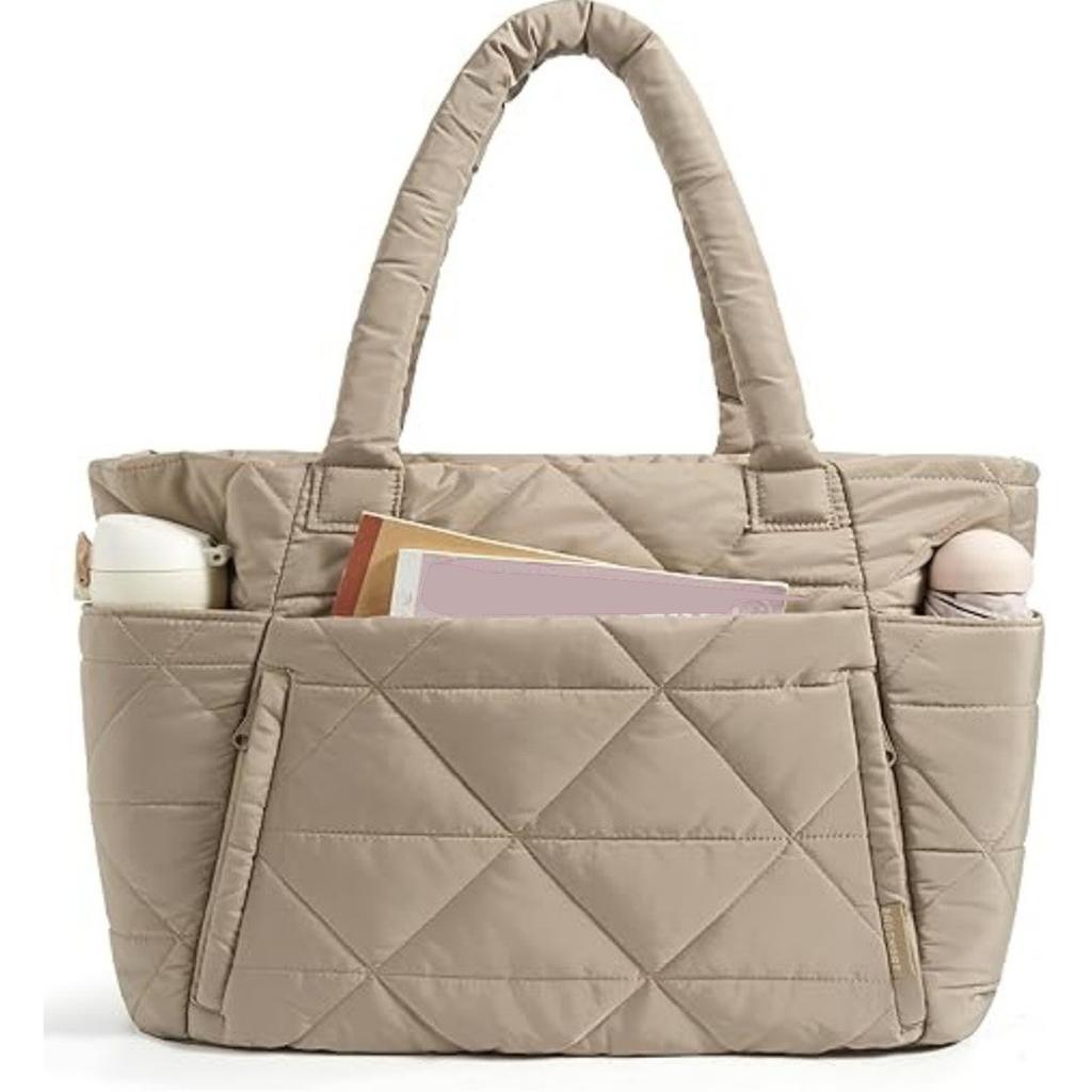 Puffy Tote Bag Large Capacity Solid Color Travel Satchel Purse Lightweight with Compartments Quilted Shoulder Bag