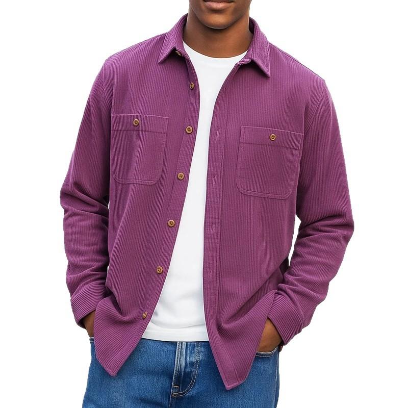 Autumn Winter Men's Solid Color Corduroy Double Pocket Button Long Sleeve Casual Shirt