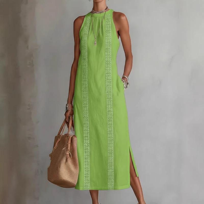 Womens Halter Neck Sleeveless Lace Trim Side Slit Midi Dress S