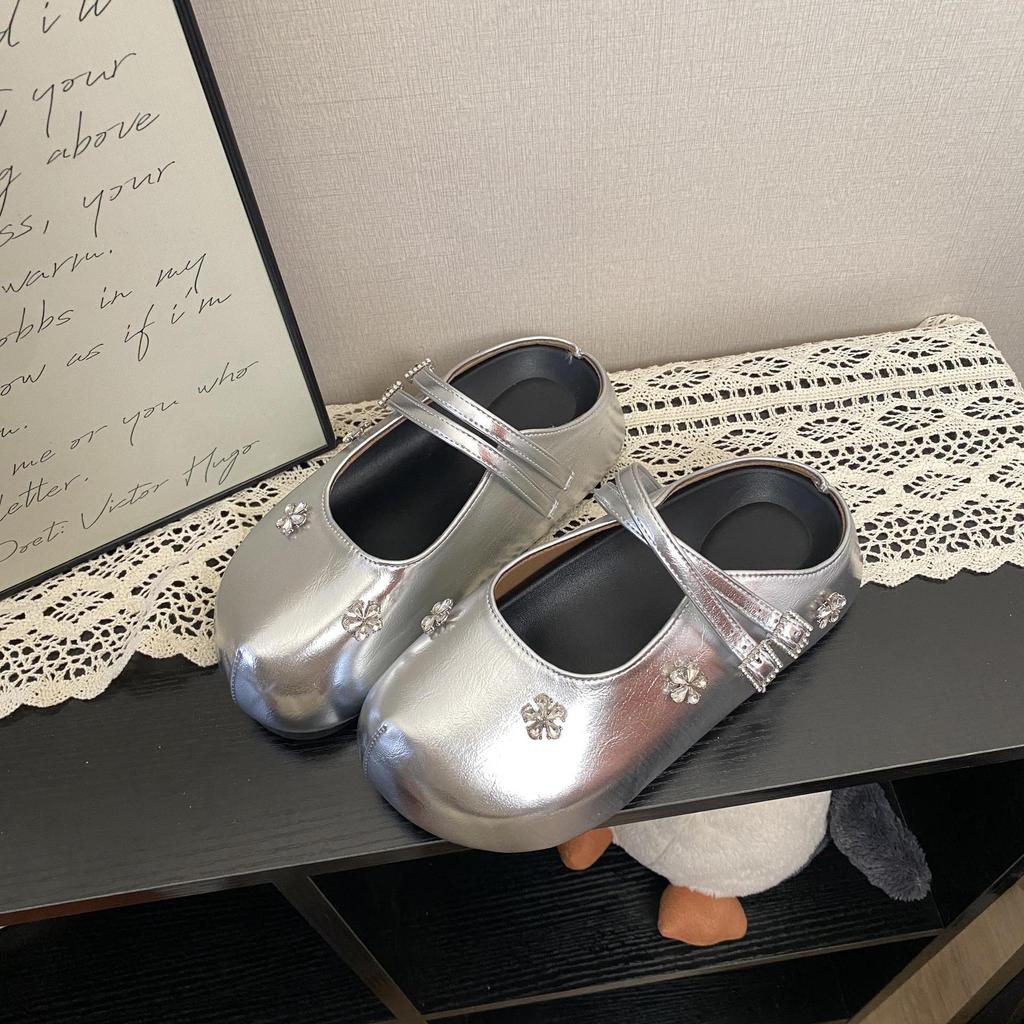 Spring 2025 new fashionable rhinestone flower bag head half drag inner height increase flat bottom round head solid color