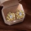 Retro Luxury Inlay Zircon Multi-layered Stereo Metal Rose Flower Stud Earrings Women's Exaggerated Charm Stainless Steel Jewelry