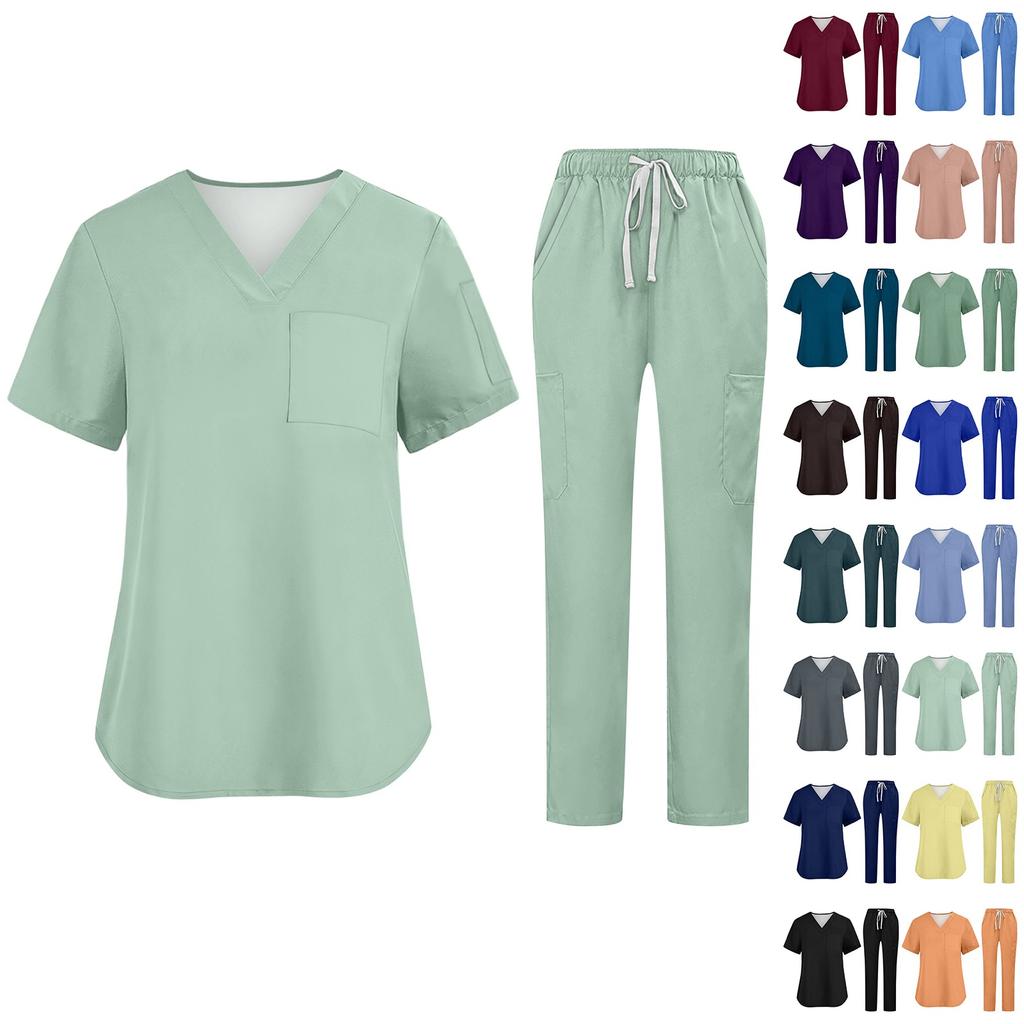 Soild Scrub Working Uniform Suit For Women's Cross V-Neck Short Sleeve Fun T-Shirts Workwear Tee With Pockets