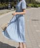 Ppaeppae Round Neck Floral Elastic Waist Pleated Short Sleeve Long Dress