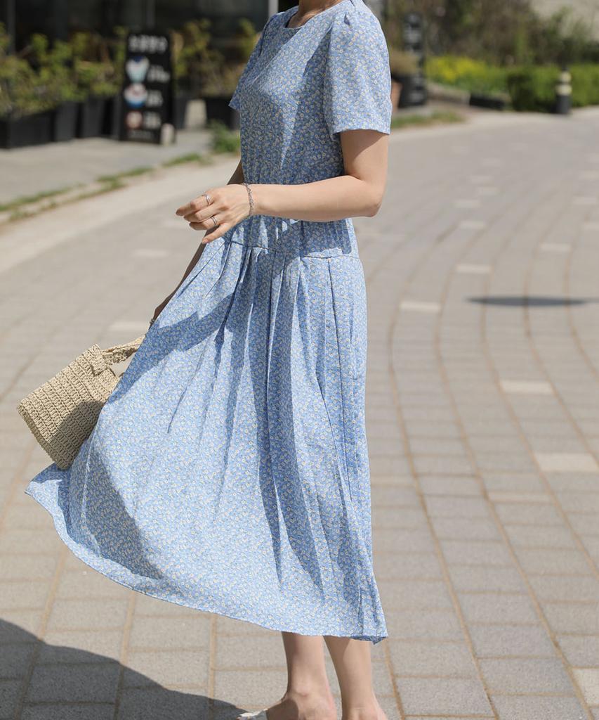 Ppaeppae Round Neck Floral Elastic Waist Pleated Short Sleeve Long Dress