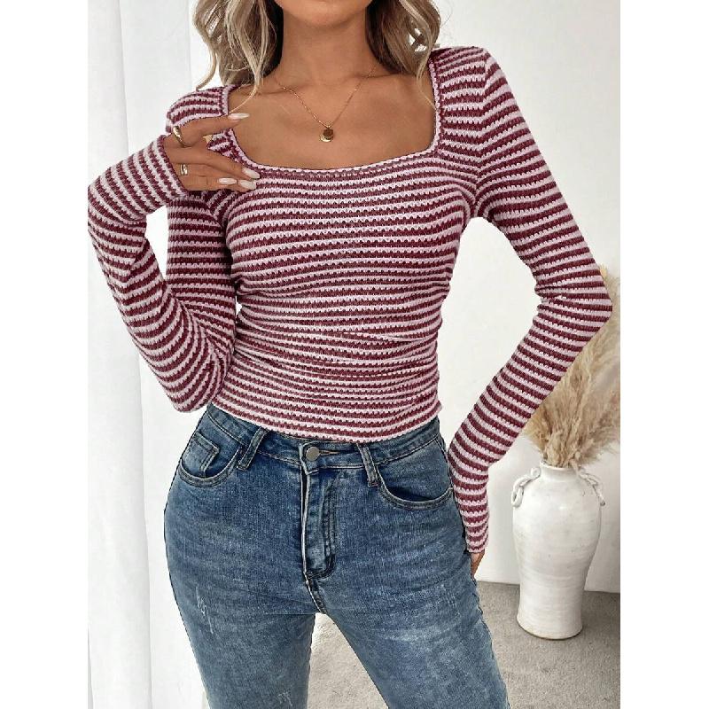 2026 New Model T-Shirt Square Neck Pullover Slim Fit Knit Long Sleeve Women's Base Shirt