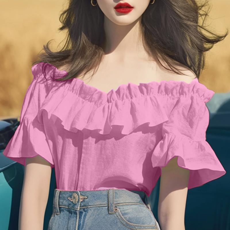 

VONDA Женские летние однотонные повседневные футболки с коротким рукавом и оборками 5XL розовый