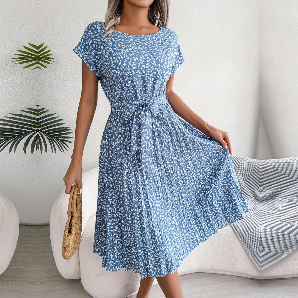 Damen Frühling Sommer Kurzarm Hohe Taille Schickes Kleid Mode Blumenmuster Plissee A-Linie Langes Kleid