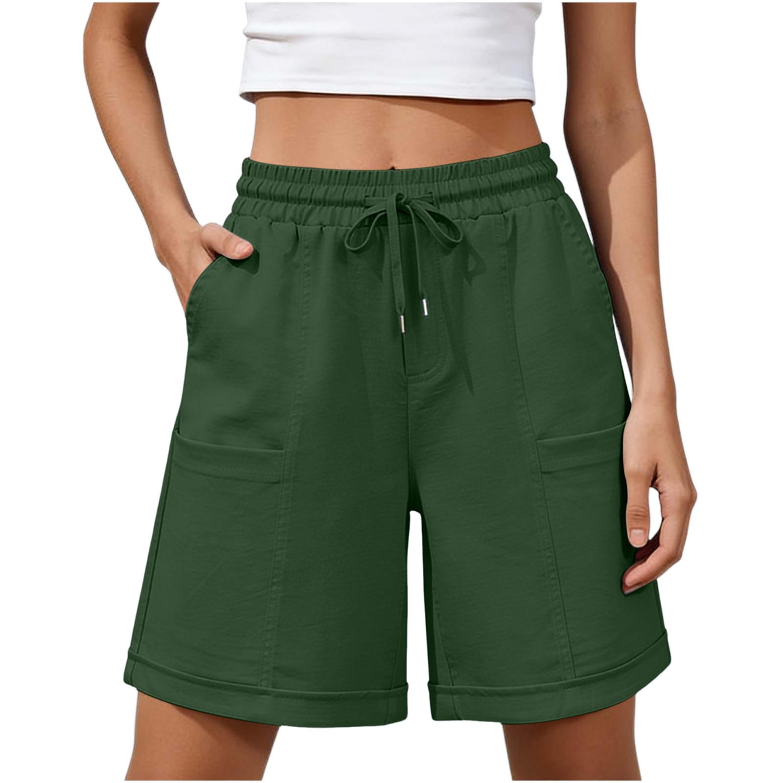 

Women’s Drawstring Waist Relaxed Fit Cotton Shorts with Large Front Pockets and Folded Hem for Casual Wear XXL зелёный