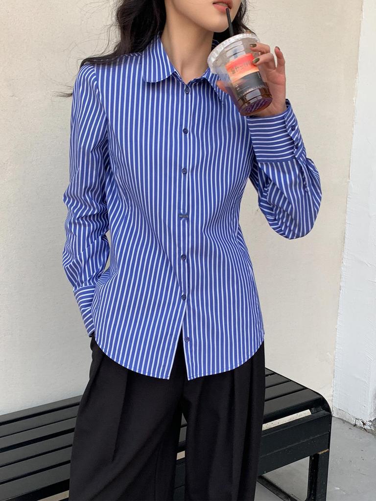 Women's Blue Striped Long Sleeve Waist-Cinching Layering Shirt - 2026 Spring Collection