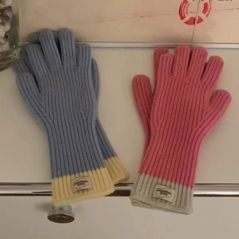 Womens Warm Knitted Full Finger Gloves Outdoor Riding Touchable Screen Colorblock Letters Label Decor Thermal Mittens