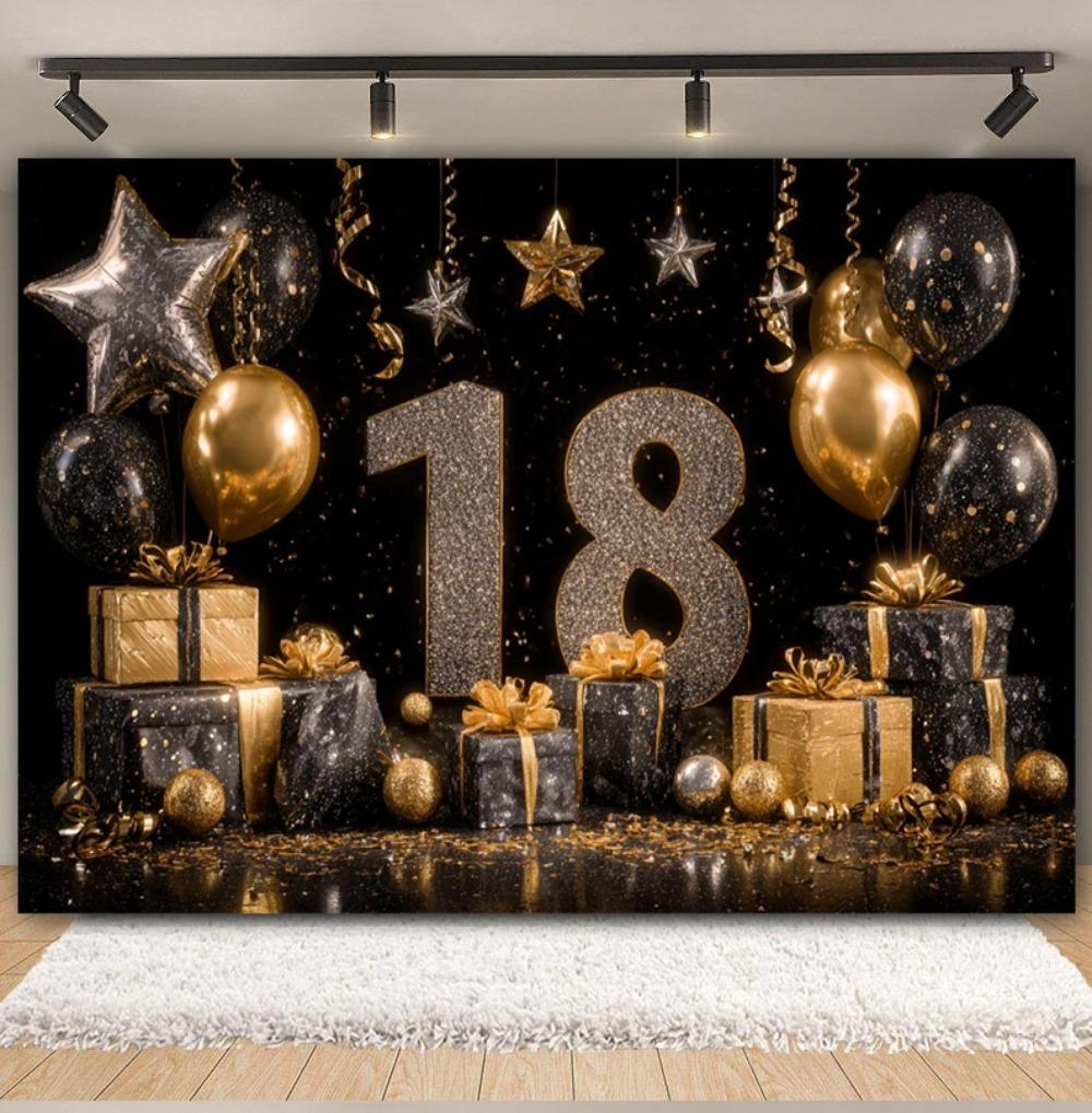 Black and Gold Balloon Gift Theme 18th Birthday Banner Backdrop Cloth Adult Gift Birthday Party Decoration Photography Backdrop