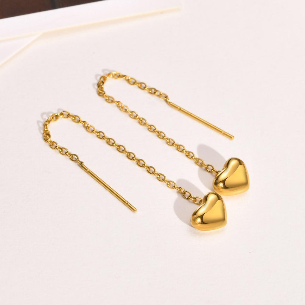 Heart Threader Earrings for Women, Stainless Steel Long Chain Drop Earrings, Love Shape Threader