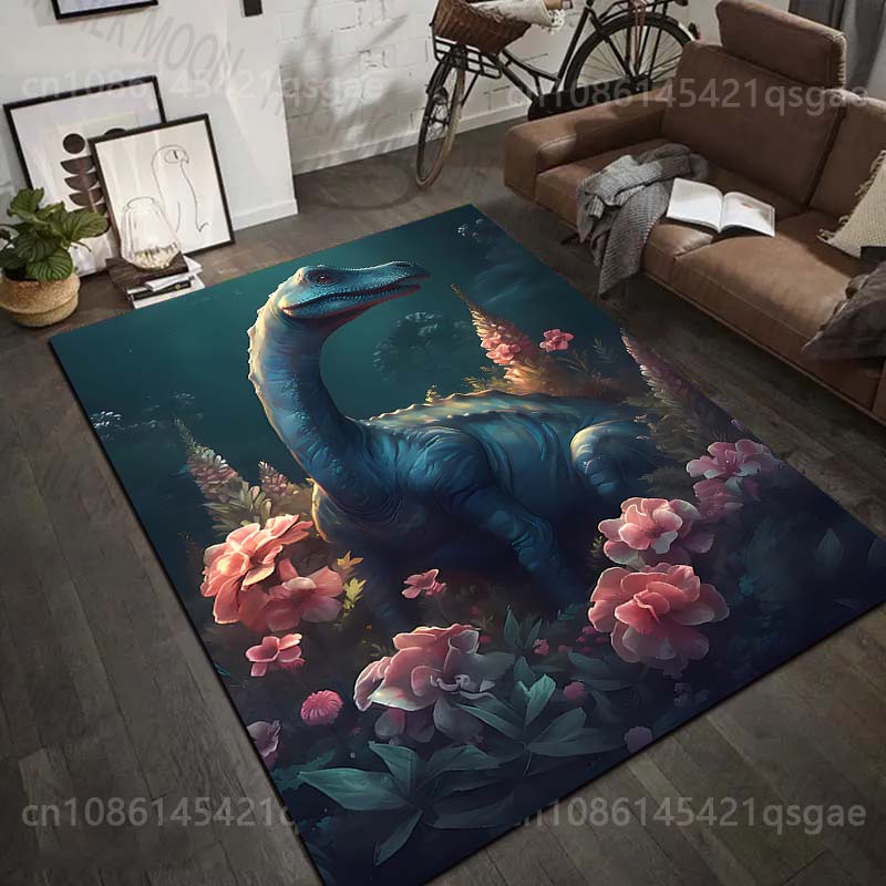 1PC Blue dinosaur with vibrant flowers Print Carpet Rug for Living Room Bedroom Sofa Doormat Home Decor Non-slip Floor Mat
