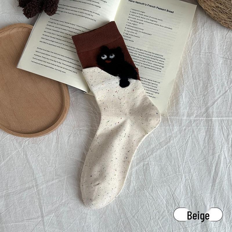 

Women s Flocked Cartoon Kitten Socks: Warm Elastic Mid-Calf Socks in Trendy Academy Style for Autumn and Winter. One Size