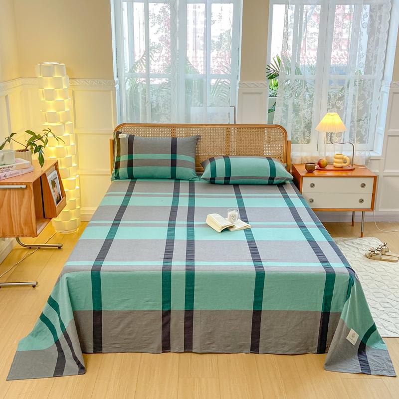 3Pcs 100% Cotton Simple Plaid Pattern Bed Sheet Set Skin-friendly Comfortable Geometric Printed Flat Sheet with Pillowcases