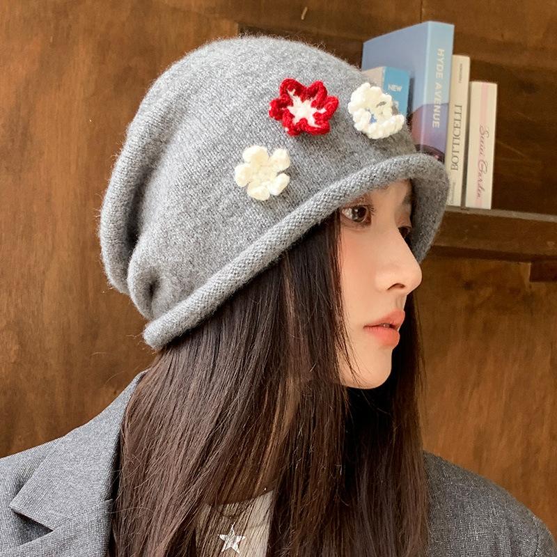 Autumn and Winter Hat Women's Cute Flower Headgear Stacking Hat Ear Protection Warm Knitted Hat