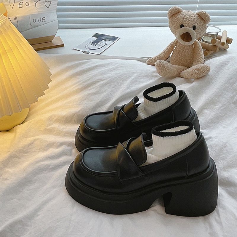 Women's Mary Jane Shoes 2025 Spring and Autumn New Platform Sole Chunky Heel Slip On Shoes Fashion Leather Loafers
