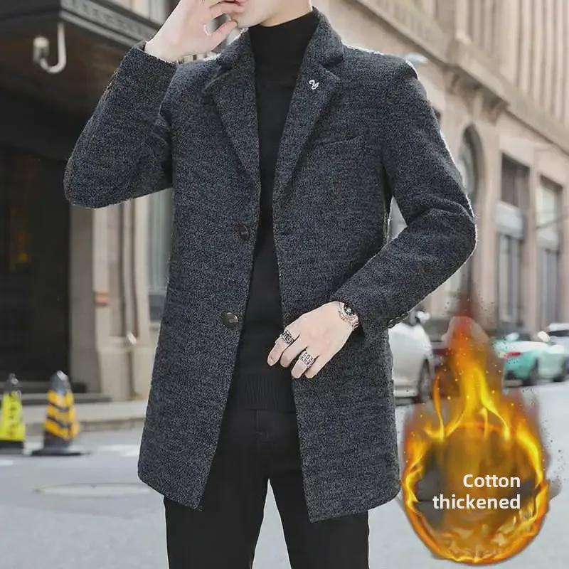 Pánská úzká vlněná větrovka, střední délky, korejský styl, pro podzimní a zimní obchodní nošení