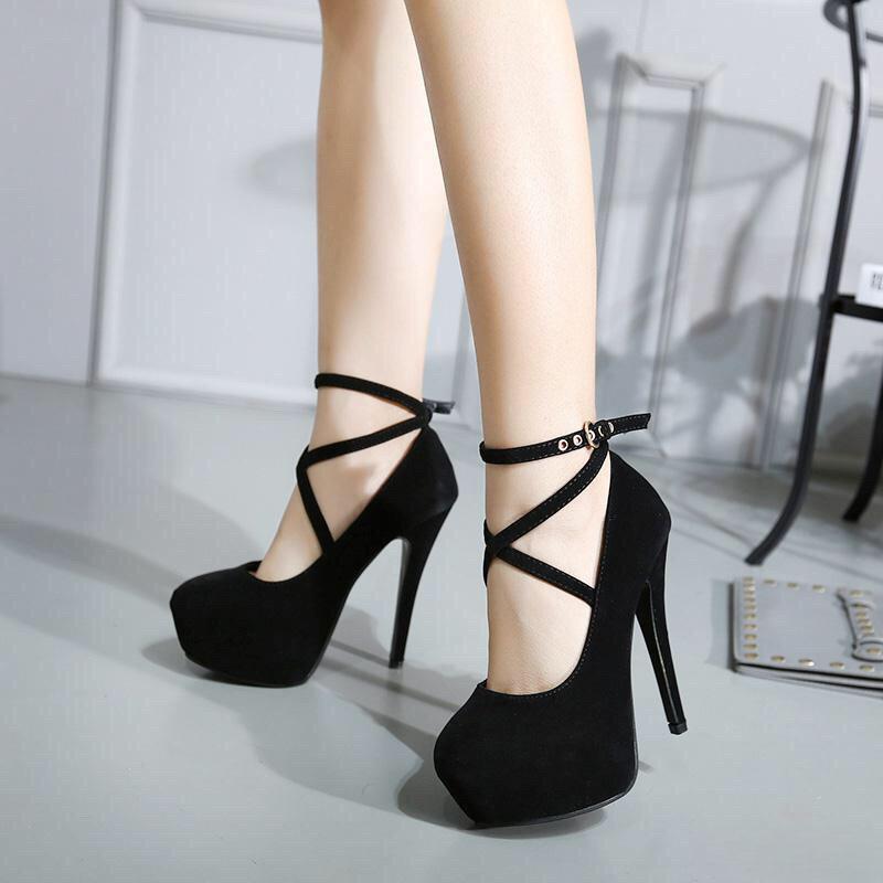 Sexy Classic Round Toe High Heels Women's Sandals Summer Ladies Lace-Up Suede Thick Bottom Strap Women's Ankle Strap Shoes