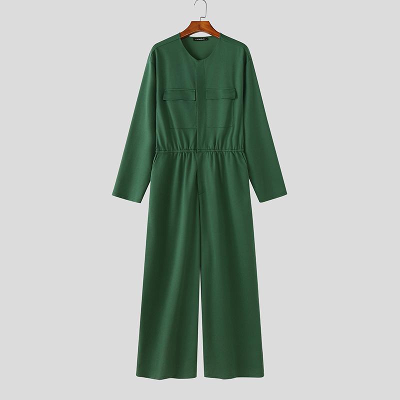 INCERUN Men Collarless Long Sleeve Belt Solid Sports Casual Buttons Long Jumpsuits Rompers