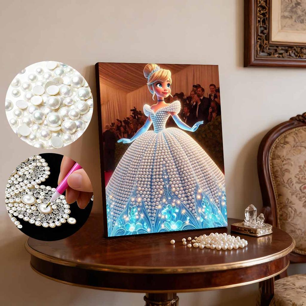 Red Carpet Gala Cinderella Pearl-Inlaid Frameless Art | Handmade Pearl Craft, Red Carpet Gala Theme, for Luxury Glam Home Decor & Gift Option