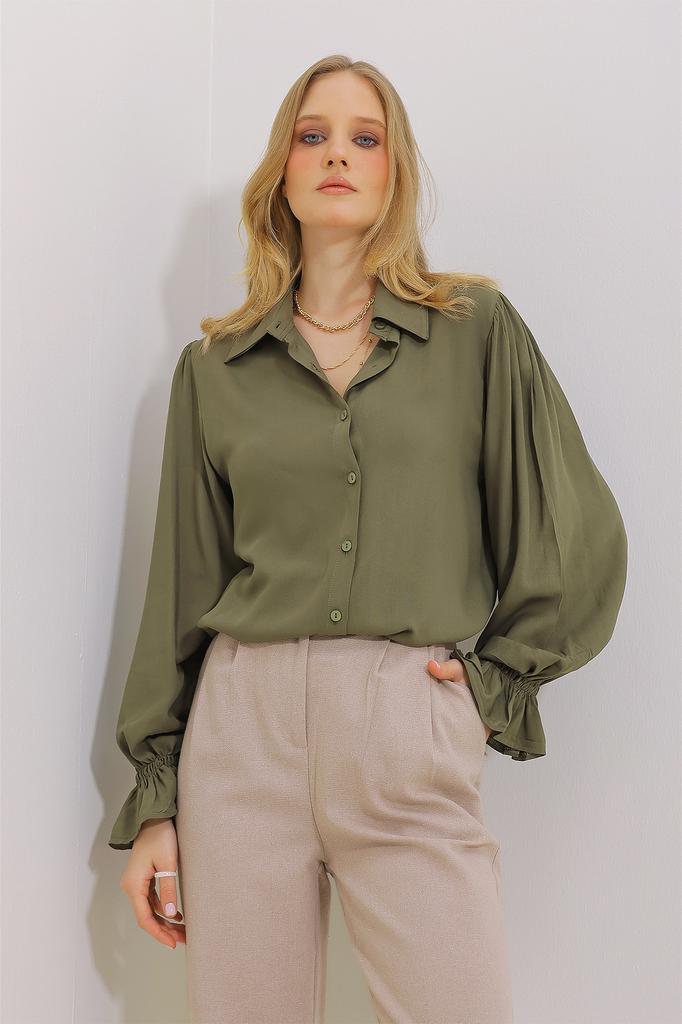 Women's Shirt New Season Fashion Green Sleeves Flounce Viscose Woven Shirt