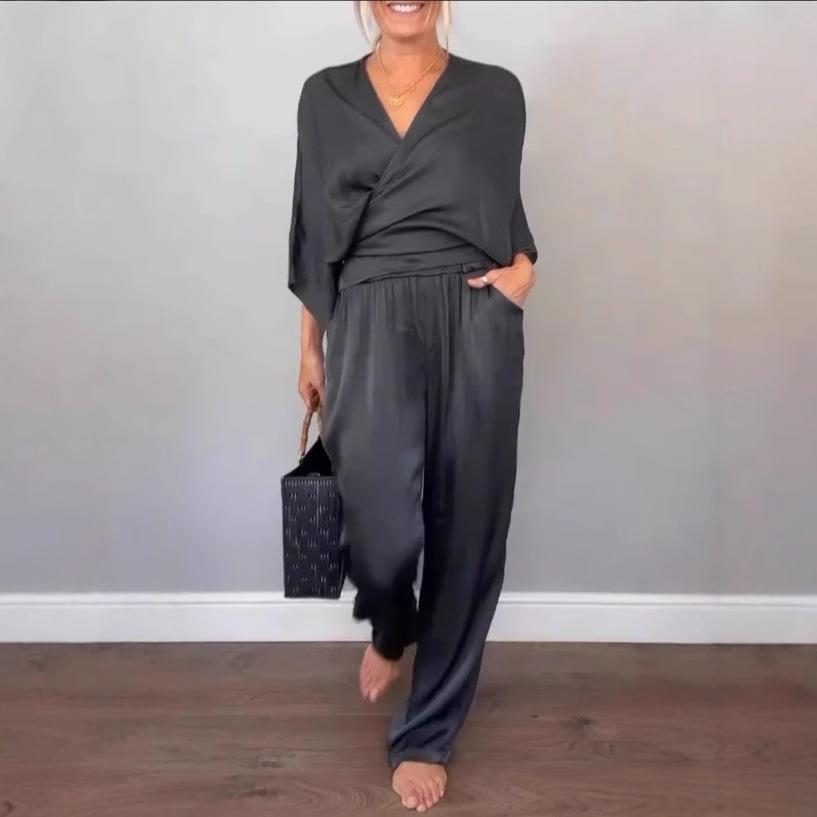 Completo Primaverile Sottile in Raso Largo Moda Vita Elastica Dritto Abbigliamento da Ufficio Casual da Donna Top a Maniche Lunghe con Scollo a V e Set Pantaloni