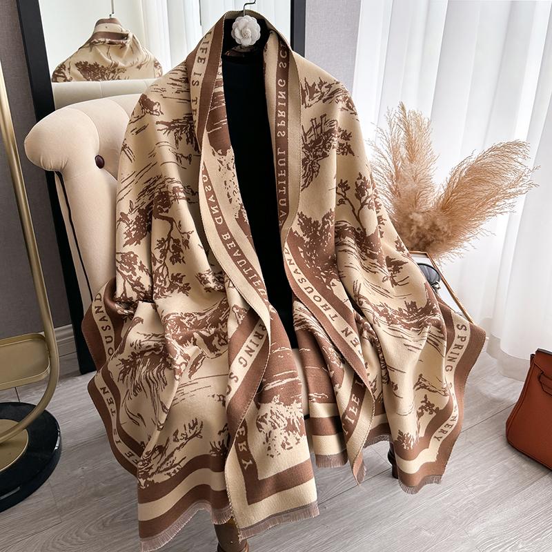 Winter Women'S Scarf Cashmere Luxury  Forest Animal Jacquard Thickened Warm Shawl Cashmere Cloak Scarf Ladies