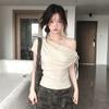 Slant Shoulder Straps Short-sleeved T-shirt Women's Summer Wear Design Off-the-shoulder Tee Irregular Slim Slim-fitting Spice Girl Top