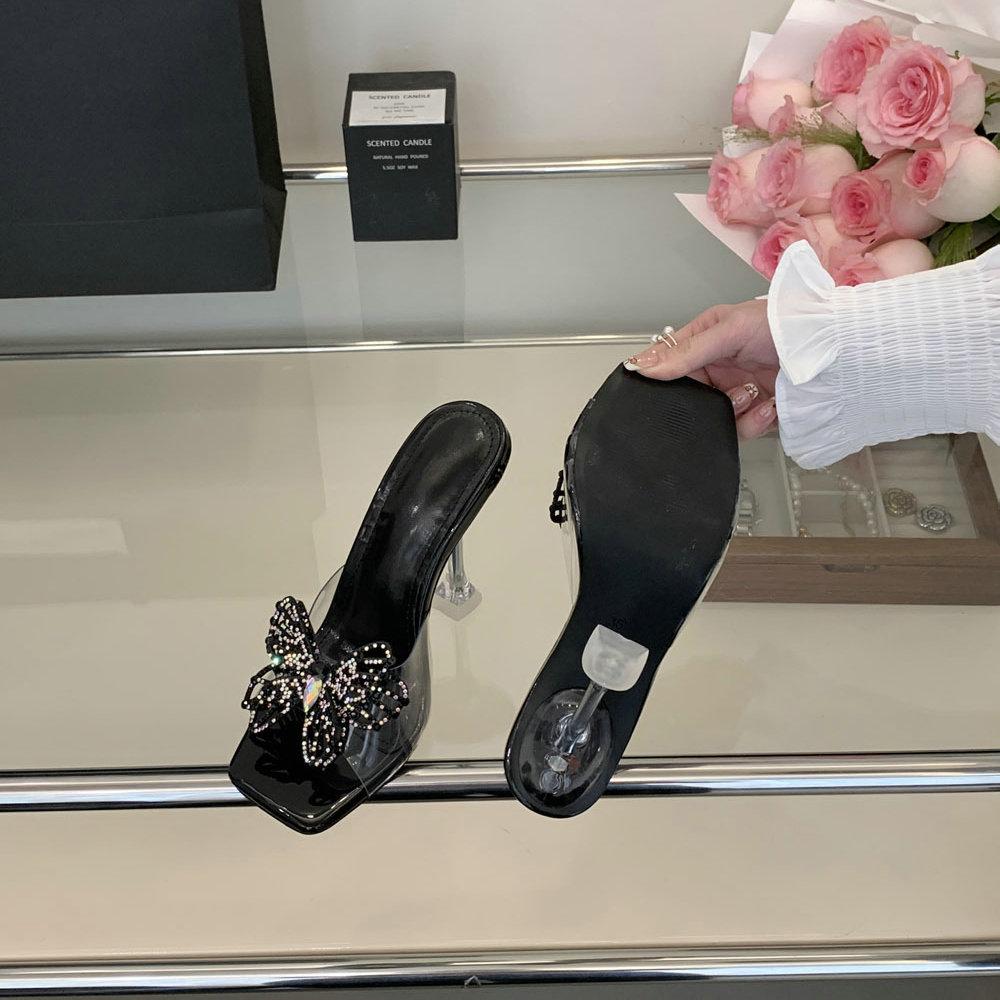 

Fashion High-Heeled One-Shoulder Slippers For Women 2025 Summer New Style Shallow-Moused Thick-Heeled Slippers Ballet Mary Jane Shoes 41