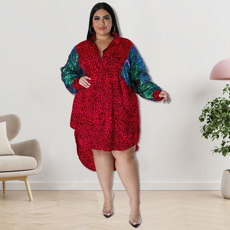 Plus Size Womens Leopard Print Long Sleeve Shirt With Sequin Accent Loose Fit Streetwear Top Winter Collection